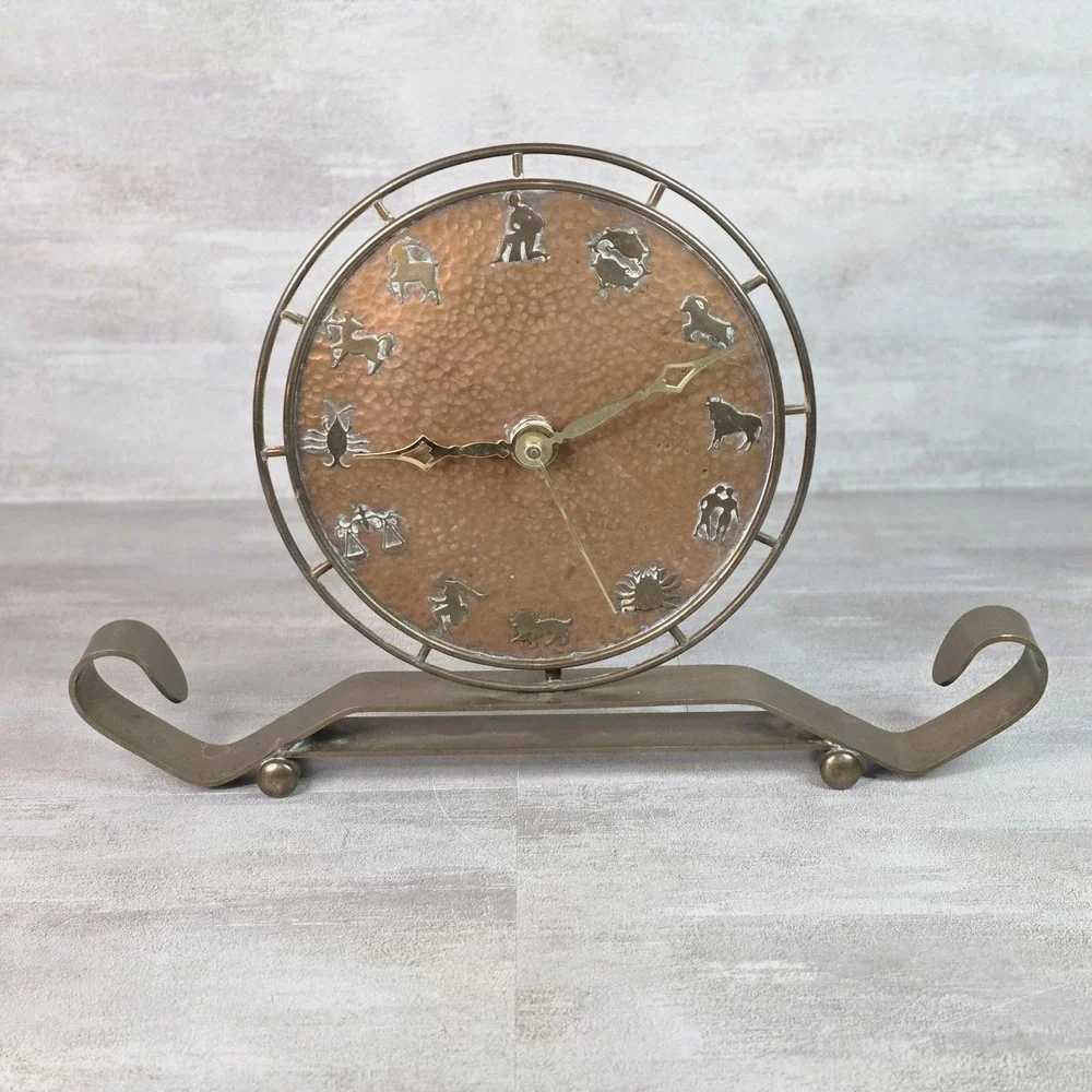VTG Rare Art Deco Hammered Copper Zodiac Table Mantel Clock Brass Footed Works